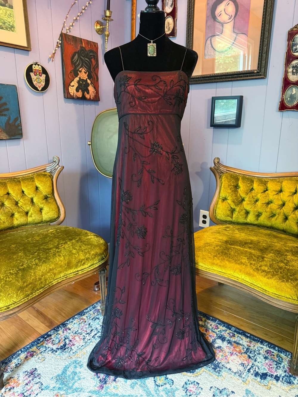 Vintage 90s Brilliante Vampy Gothic Whimsygoth Red And Black Beaded Slip Dress